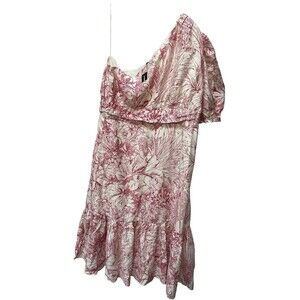 NWT Express One Shoulder Puff Sleeve Ruffle Hem Midi Dress white pink floral XL